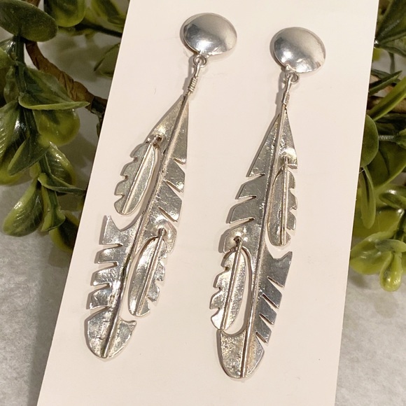 Native American Sterling Silver Dangle Long Feather Earrings Vintage - Picture 4 of 7